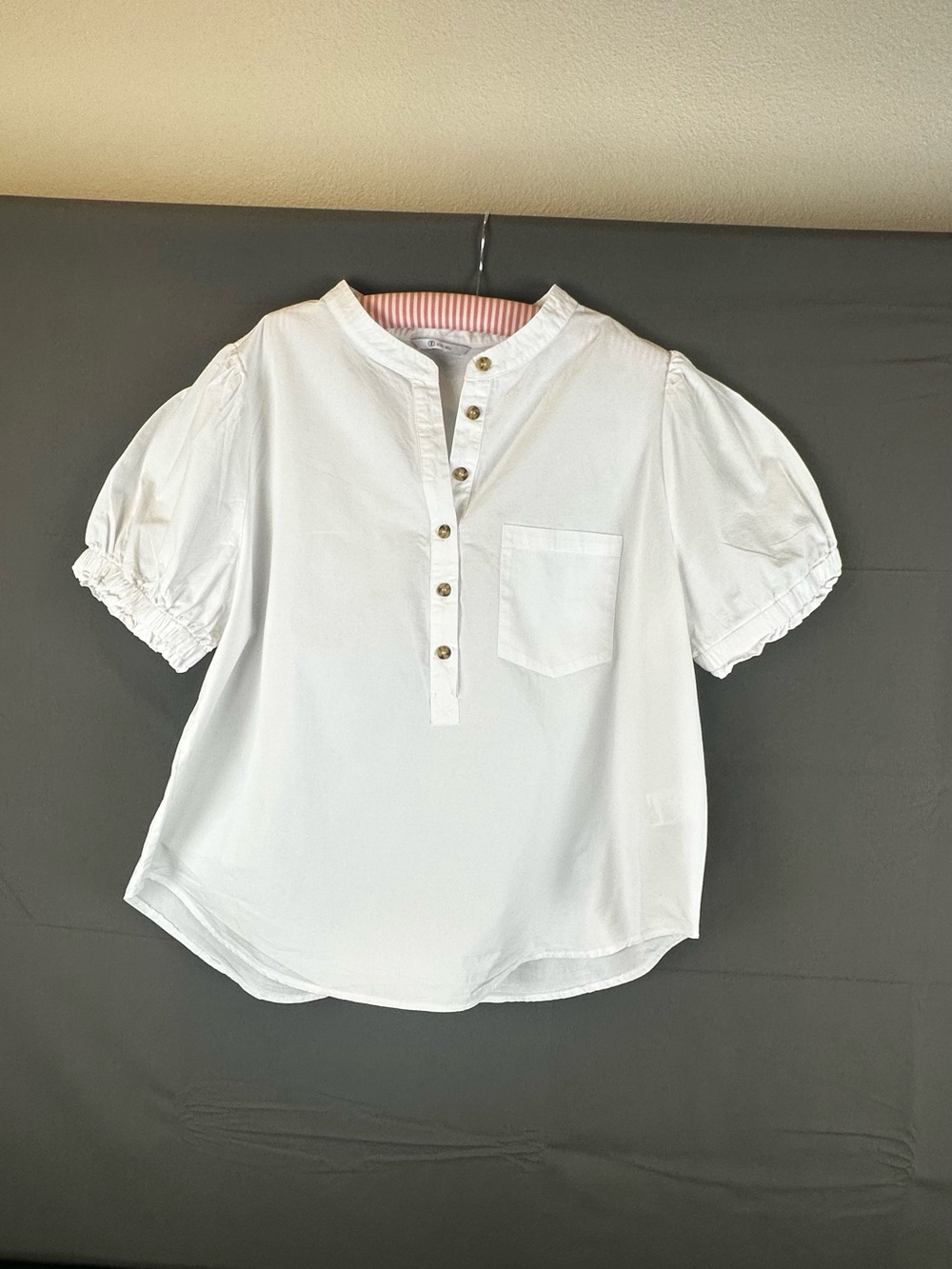 Women's White Puff-Sleeve Henley Blouse with Pocket